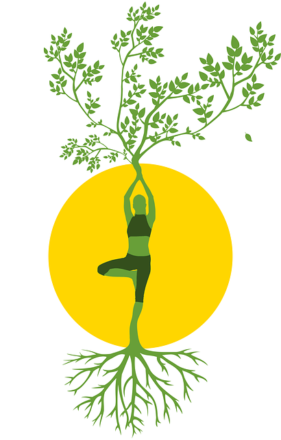 femme arbre position de l'arbre du yoga avec racines qui partnet du pied et feuillages des mains soleil jaune en fond