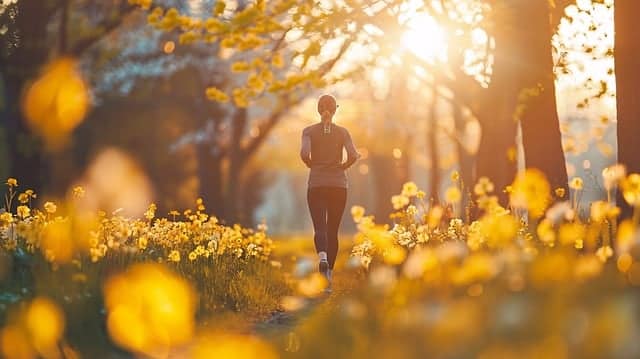 femme de dos qui court au loin dans un lieu de nature avec fleurs arbres