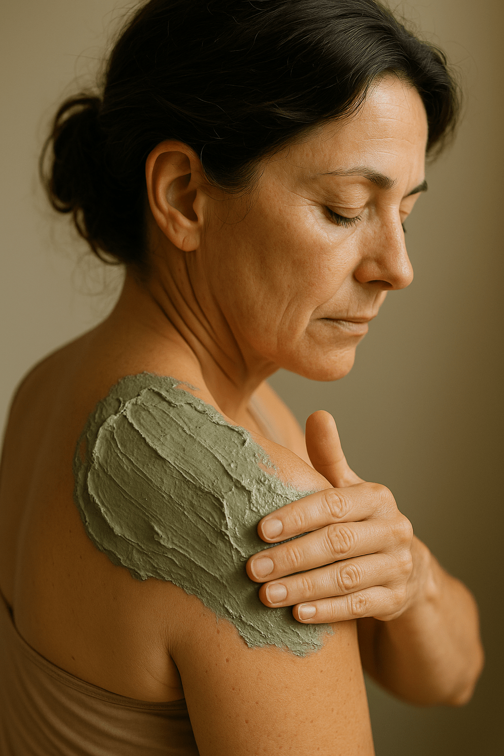 « Application d’un cataplasme d’argile sur l’épaule pour soulager l’inflammation et soutenir le corps en périménopause »