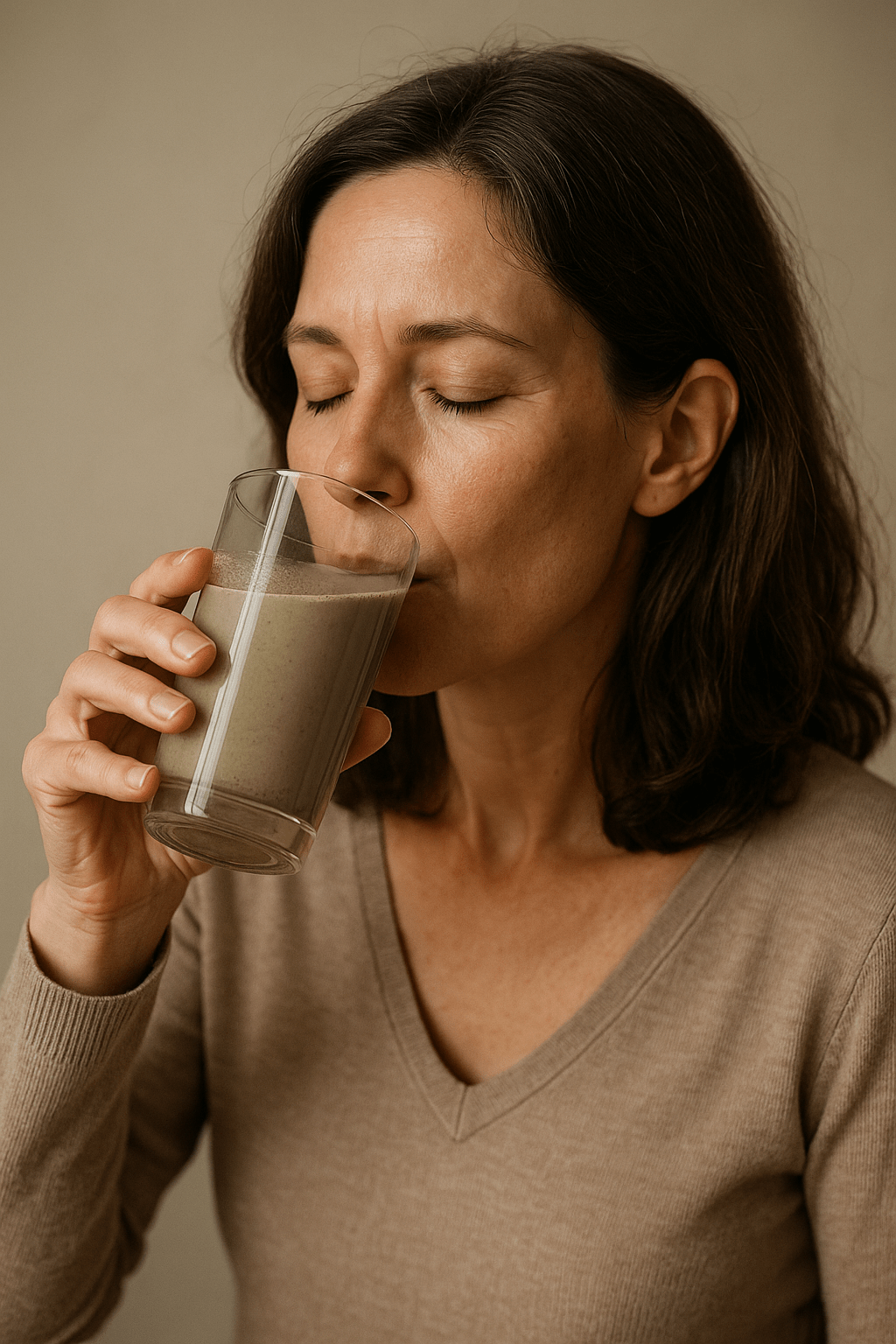 « Femme buvant un verre d’eau argileuse dans le cadre d’un rituel naturel pour la périménopause »